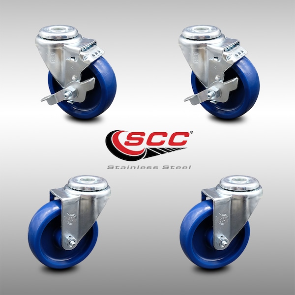 4 Inch SS Solid Polyurethane Wheel Swivel Bolt Hole Caster Set with 2 Brake SCC